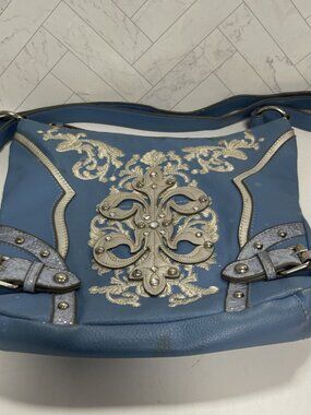 Gemini Rising Blue Silver Filigree Damask Accent Embelleshed Shoulder Purse Bag